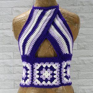 HAND CRAFTED Crochet Crop Top Cut Out Criss Cross Granny Square Various Sizes